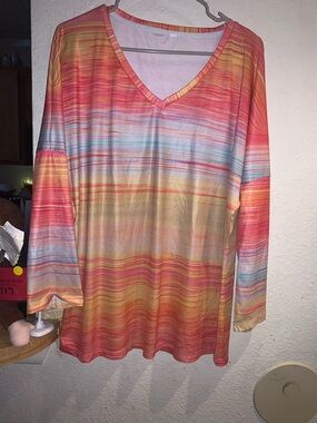 Women’s V-Neck Striped Long Sleeve Top - Multicolor